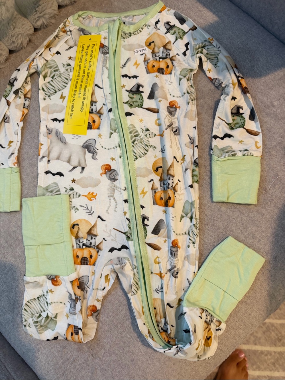 Kids Halloween One-Piece Pajamas in Light Green